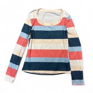 Multi-Stripe Scoop Neck Long Sleeve Top - Navy/Red/Light Blue